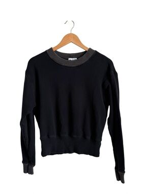 James Perse Cropped Contrast Rib Crewneck Sweatshirt Black Grey Medium